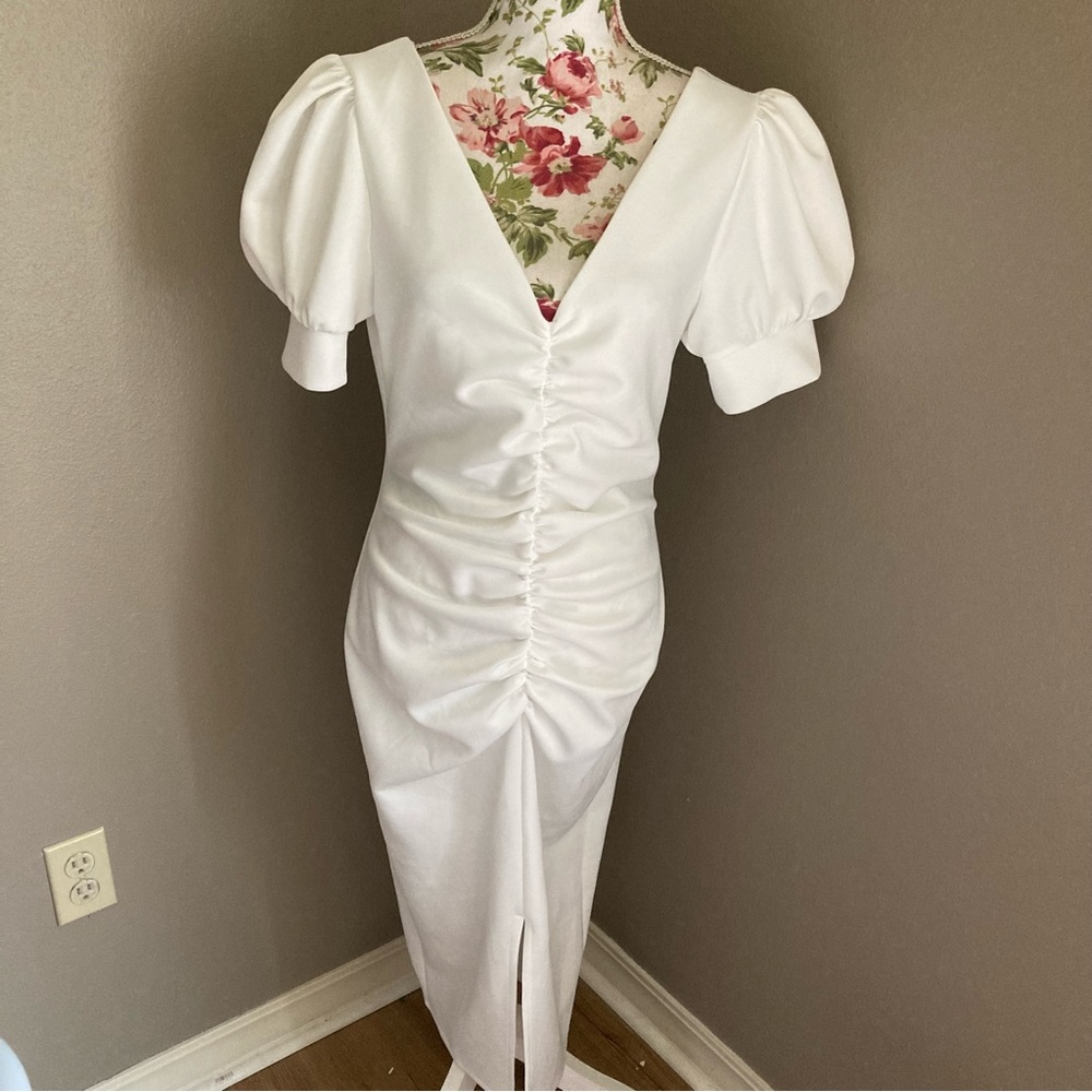 NWT River Island Midi Dress White Ruched Front Sz 8